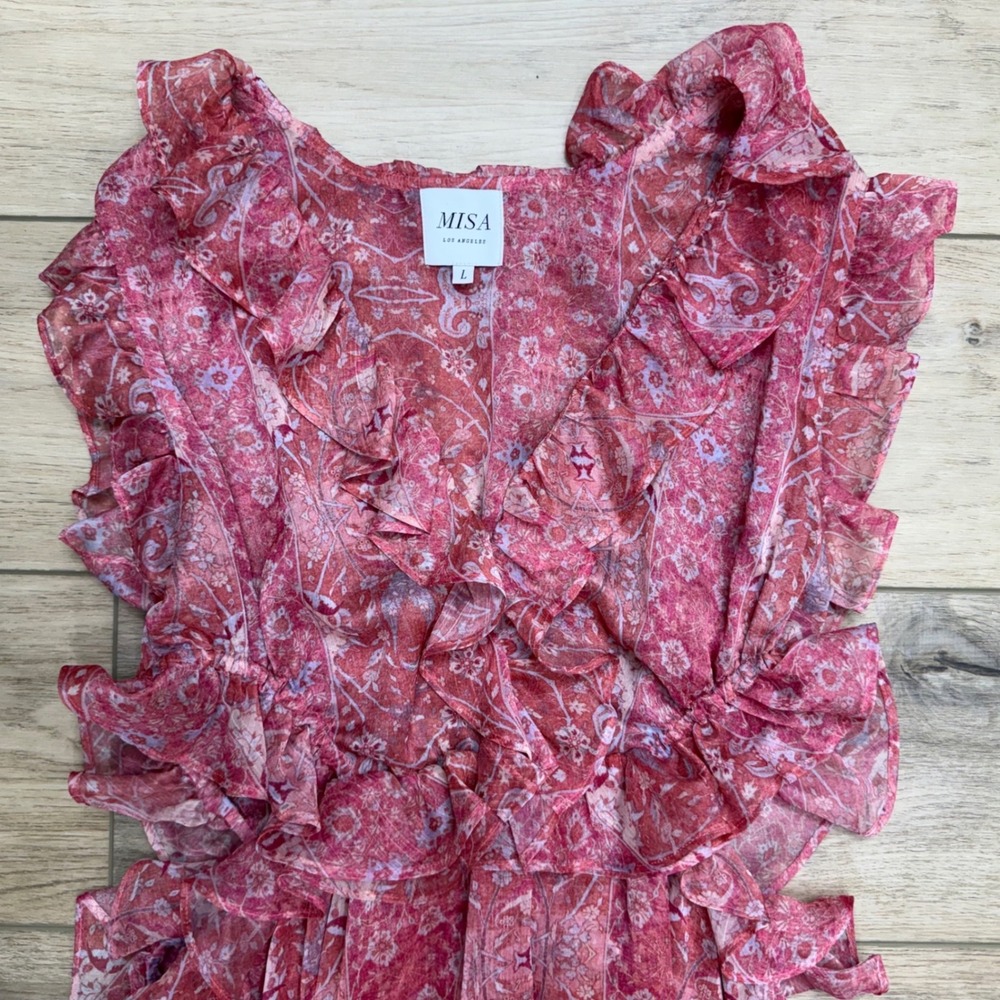 MISA Los Angeles Natasha Dress Pink Floral Ruffle Midi High-Low Coquette Large - Picture 2 of 11